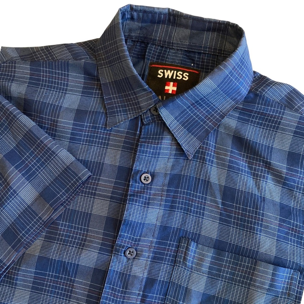 Swiss Alps Mens Blue Plaid Short Sleeve Button Down Hiking Shirt Small RN81134